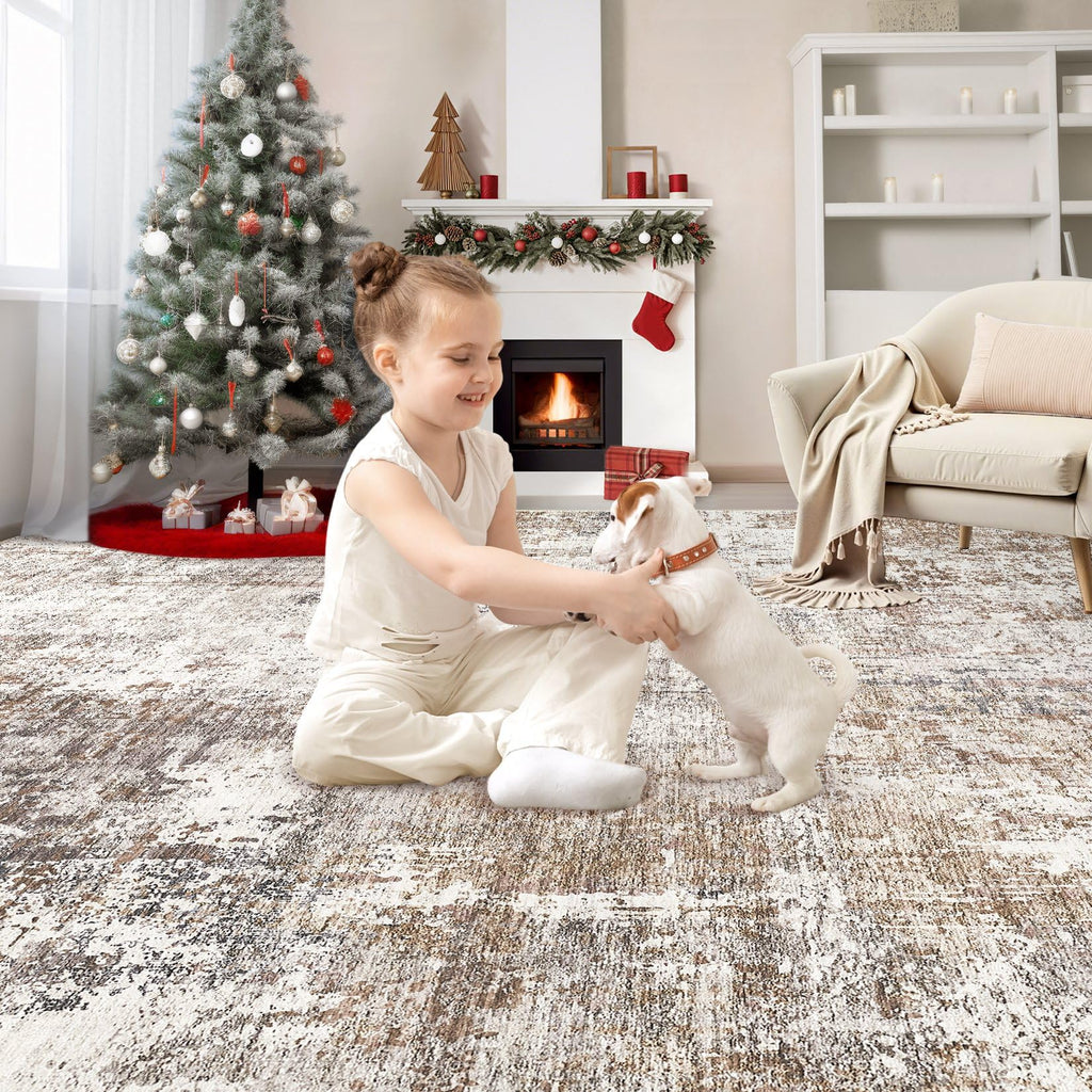 UERMEI Area Rug Living Room Rugs - Washable Neutral Modern Abstract Soft Thin Rug Indoor Floor No Slip Rug Carpet for Bedroom Under Dining Table Home Office Decor - Brown/Grey/Red - 6x9