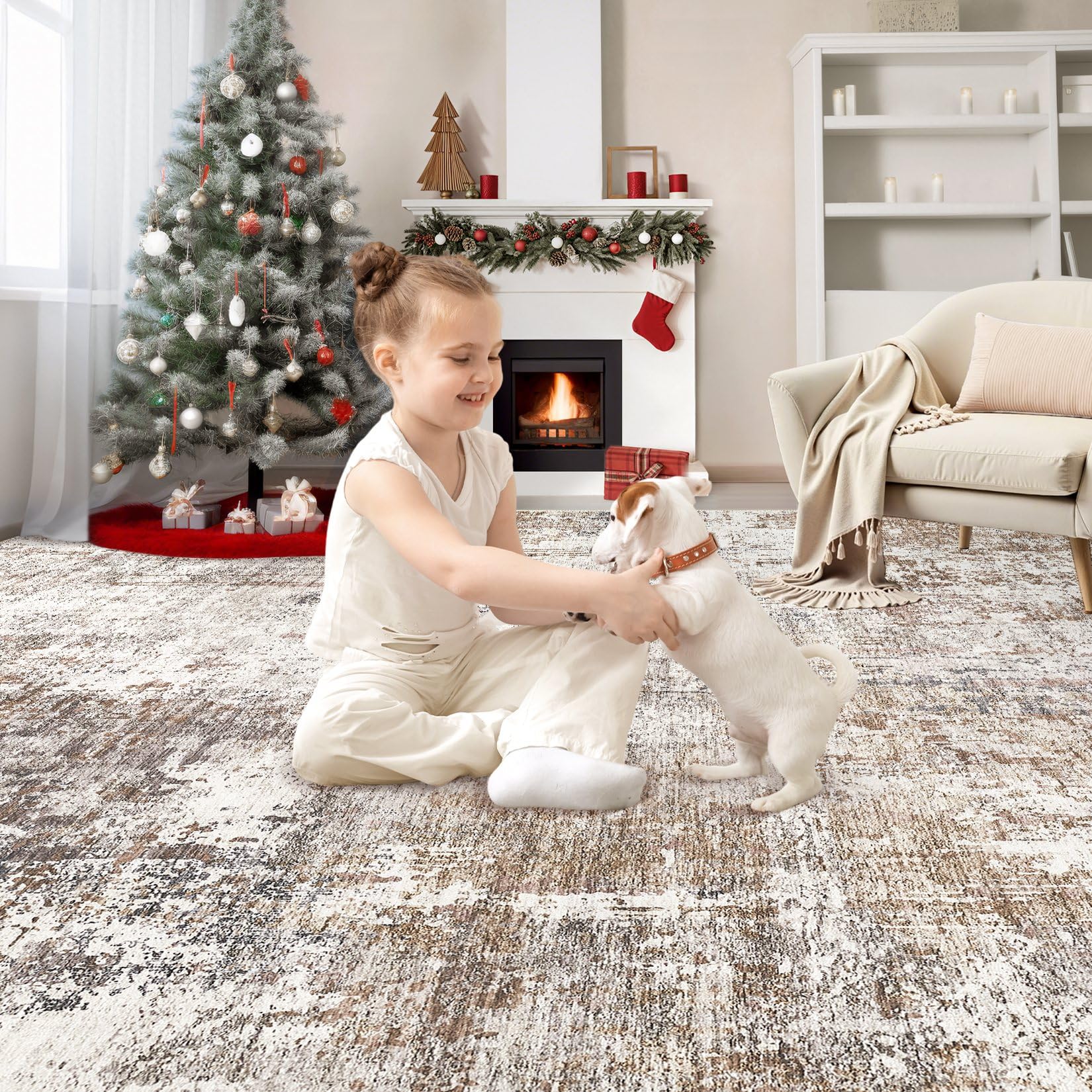 UERMEI Area Rug Living Room Rugs - Washable Neutral Modern Abstract Soft Thin Rug Indoor Floor No Slip Rug Carpet for Bedroom Under Dining Table Home Office Decor - Brown/Grey/Red - 6x9