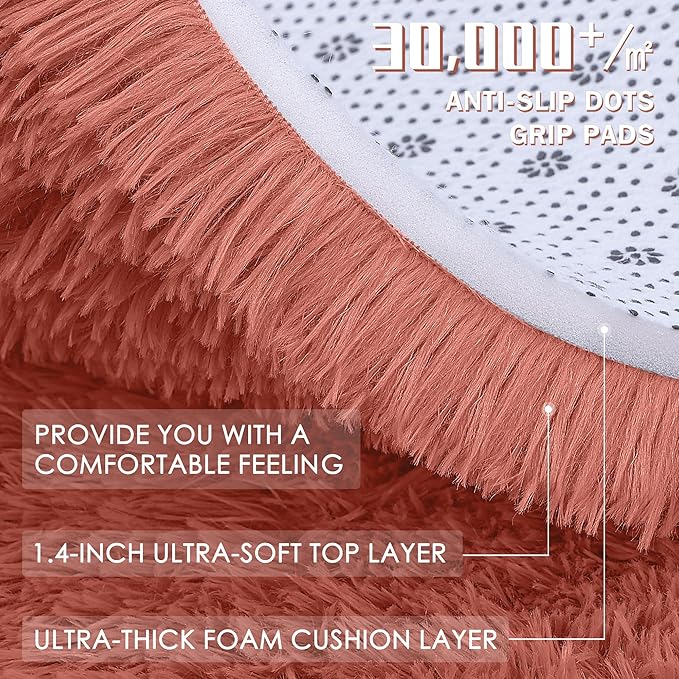 OLANLY Rust Red Round Rugs for Bedroom - Machine Washable, 4 ft Circle Area Rugs for Living Room, Soft and Fluffy Shaggy Carpet for Teen Girl and Boys, Nursery Rooms, Dorms, Home Decor Aesthetic