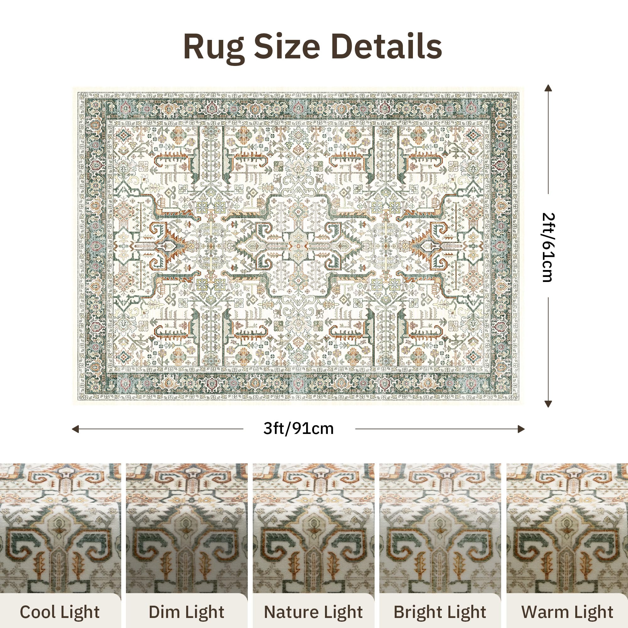 Washable 2x3 Entryway Area Rug - Small Non Slip Vintage Kitchen Runner Rugs Indoor Entrance Soft Neutral Stain Resistant Bathroom Mat Farmhouse Carpet for Bedroom Living Room Entry Laundry 2'x3' Green