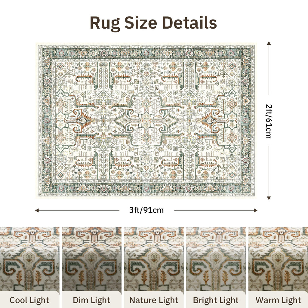 Washable 2x3 Entryway Area Rug - Small Non Slip Vintage Kitchen Runner Rugs Indoor Entrance Soft Neutral Stain Resistant Bathroom Mat Farmhouse Carpet for Bedroom Living Room Entry Laundry 2'x3' Green