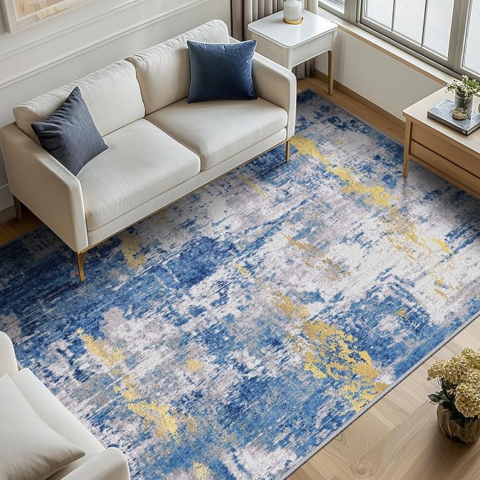 RELEANY Washable 8'x10' Abstract Area Rug for Living Room Blue Gold