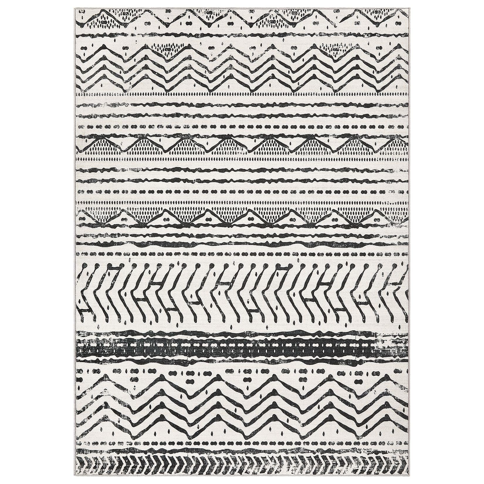 Nakagishi Area Rug Living Room Rugs: 6X9 Machine Washable Boho Large Neutral Farmhouse Stain Resistant Moroccan Indoor Floor Carpet for Bedroom Nursery Dorm Dining Room Home-Ivory Black