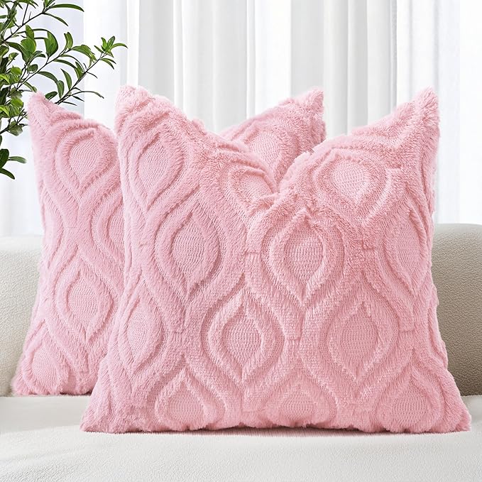 decorUhome Faux Fur Plush Light Pink Throw Pillow Covers 18x18 Set of 2