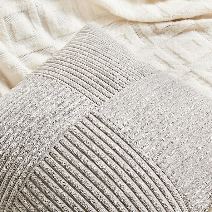 Fancy Homi 2 Packs Neutral Grey Lumbar Decorative Throw Pillow Covers 20x28 Inch for Living Room Couch Bed Sofa, Farmhouse Home Decor, Soft Striped Corduroy Rectangle Accent Cushion Case 50x70 cm