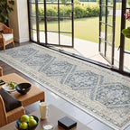 Hallway Runner Rug 2x12, Extra Long Washable Runner Rugs with Rubber Backing, Non Slip Runner, Vintage Rug Runners for Kitchen Laundry Room Entryway (Blue/Beige,2'x12')