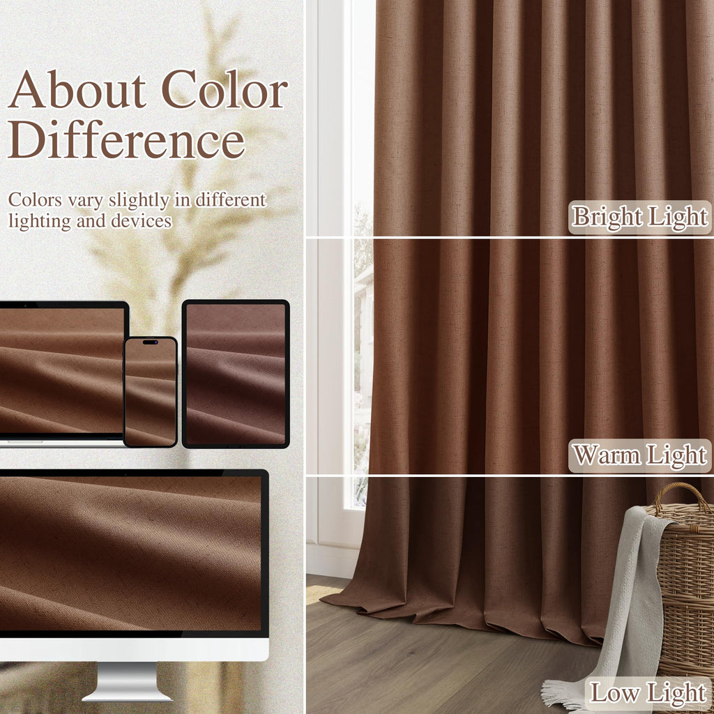 Guken 100% Blackout Curtains 72 Inch Length 2 Panels Set for Living Room Bedroom Back Tab Thermal Insulated Black Out Linen Drapes Room Darkening Window Curtains 72 Inches Long,Rustic Brown