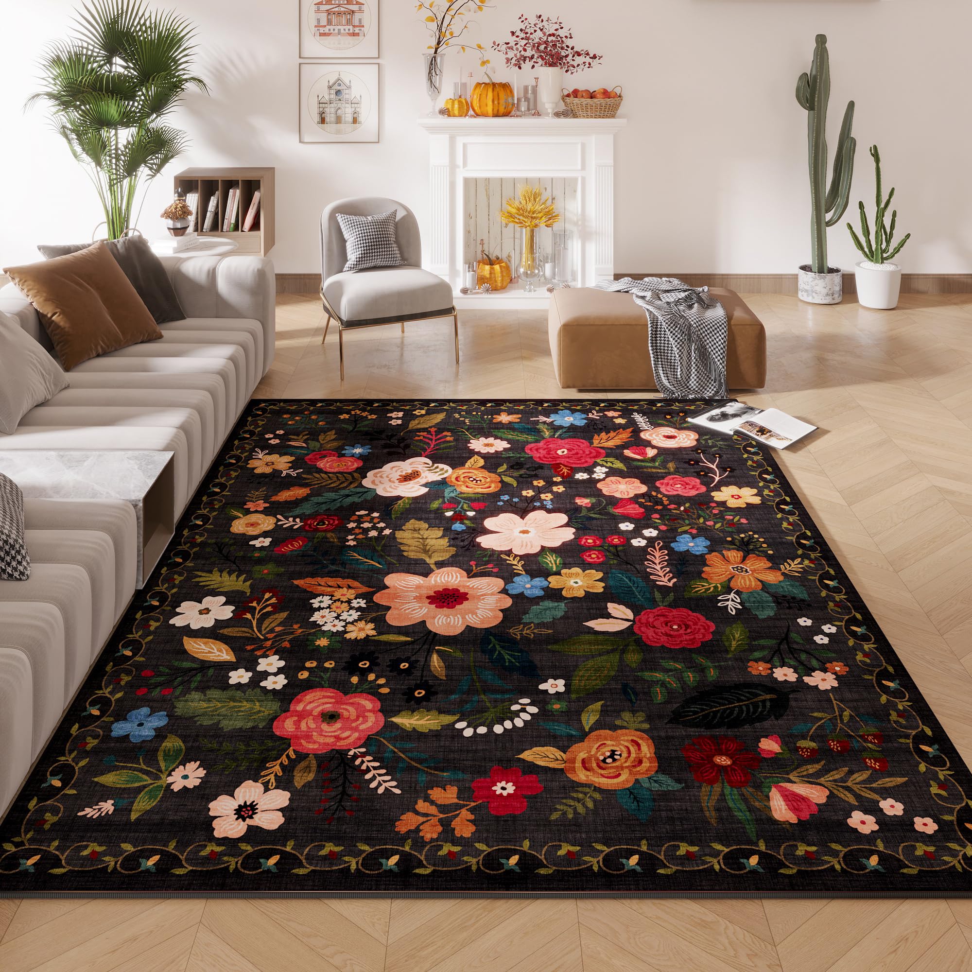 Rugcomf Area Rugs 9x12 Living Room Clearance Washable Boho Rug Non Slip Floral Vintage Low Pile Large Rug for Living Room, Bedroom, Farmhouse, Dining Room, Kids Playroom(Black)