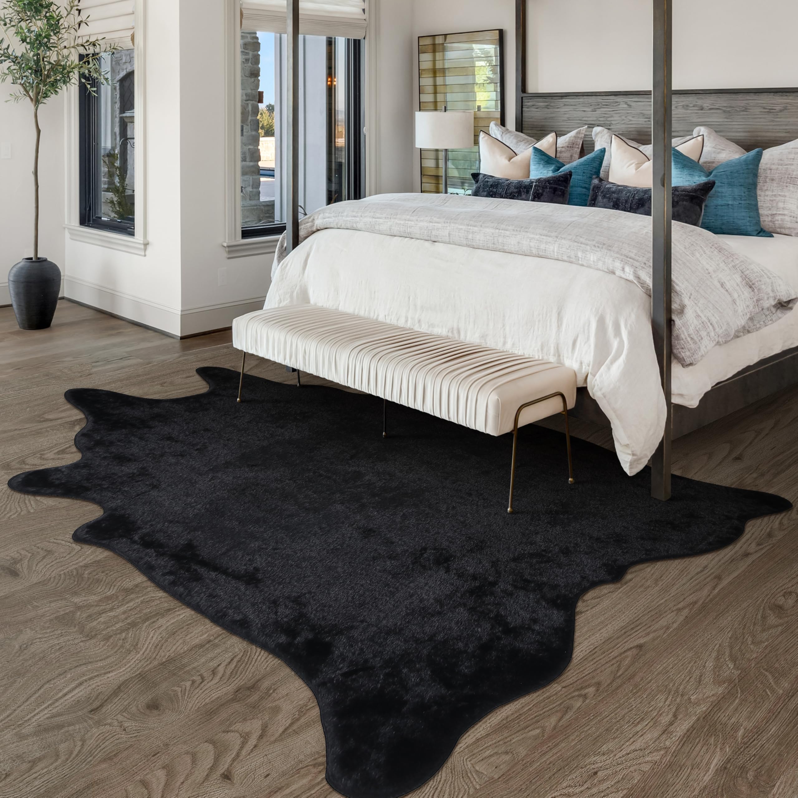 WARM HAVEN Black Faux Cowhide Rug: Cow Hide Cow Print Rug for Living Room Bedroom 5.2x7 Feet - Animal Print Skin Rustic Western