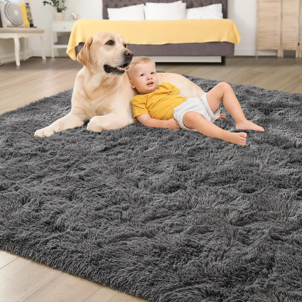 Tepook Area Rugs 9x12 for Living Room, Super Soft Fluffy Rugs for Bedroom, Modern Shaggy Rug Fuzzy Carpets for Kids, Plush Indoor Nursery Home Decor Rug with Non-Slip Bottom, Dark Grey