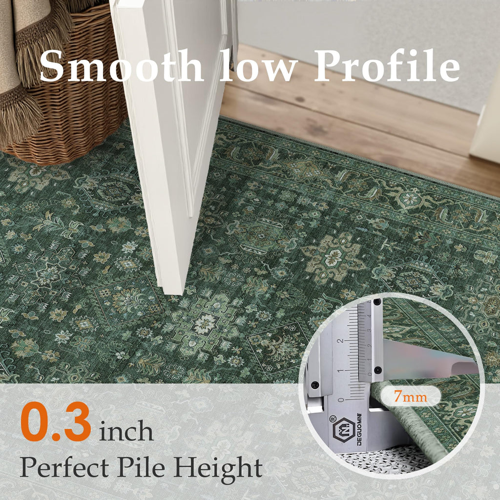 WondRg 6x9 Washable Area Rug for Living Room Bedroom Vintage Green Carpet Soft Low Pile Traditional Retro Non Slip Throw Rug for Dining Room Entryway Indoor Dorm Kitchen