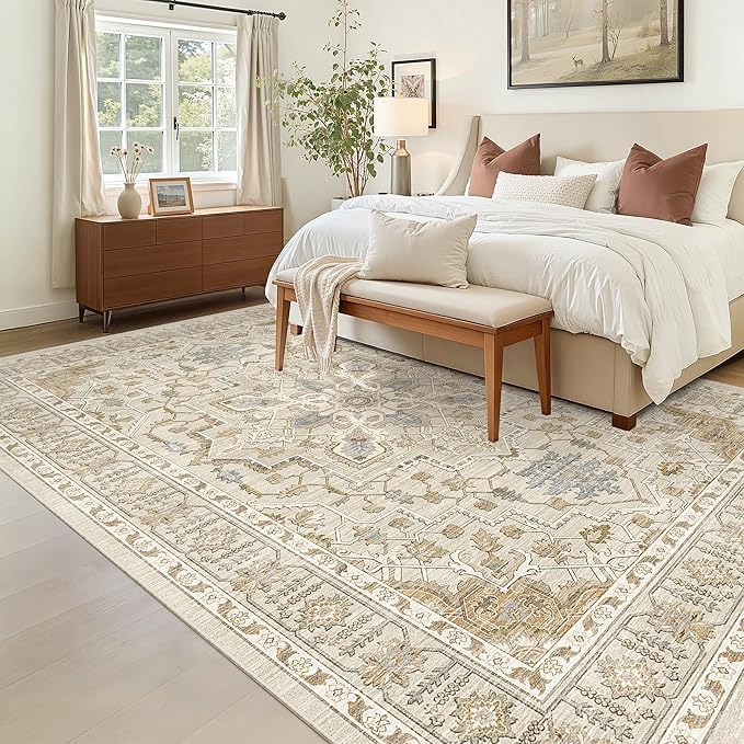 Madane 6x9 Area Rugs for Living Room, Vintage Washable Rug, Beige/Blue