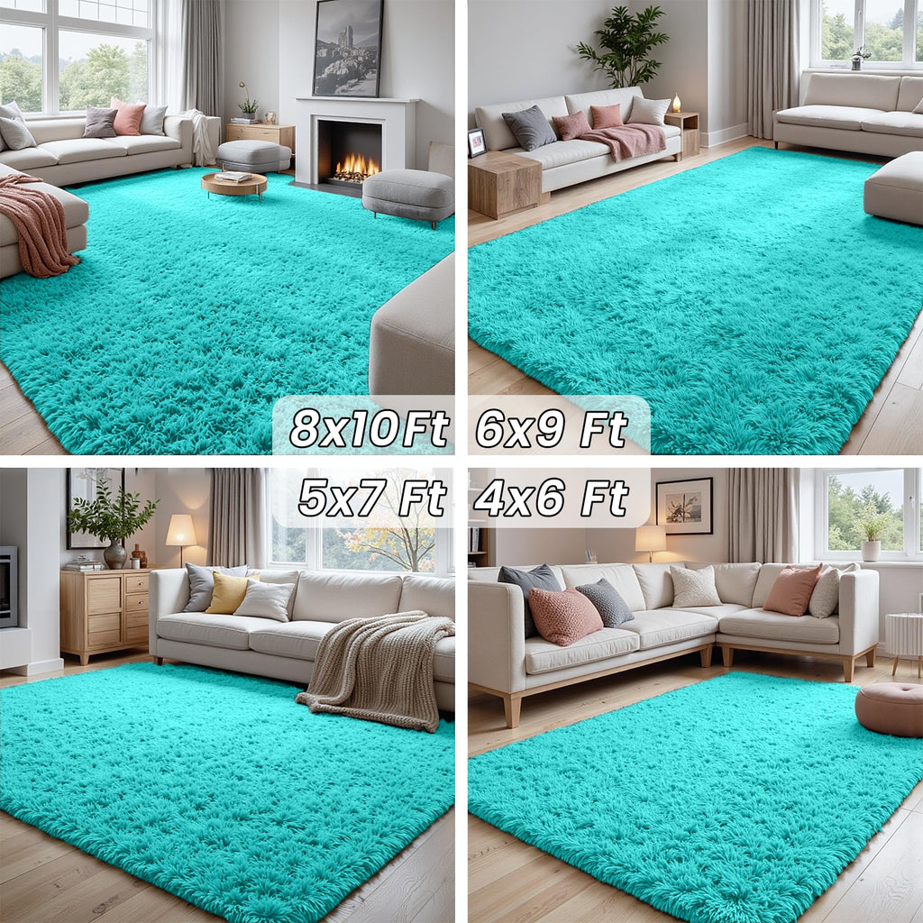 8x10 Fluffy Shag Area Rugs for Living Room Bedroom: Soft Carpet Teal Blue