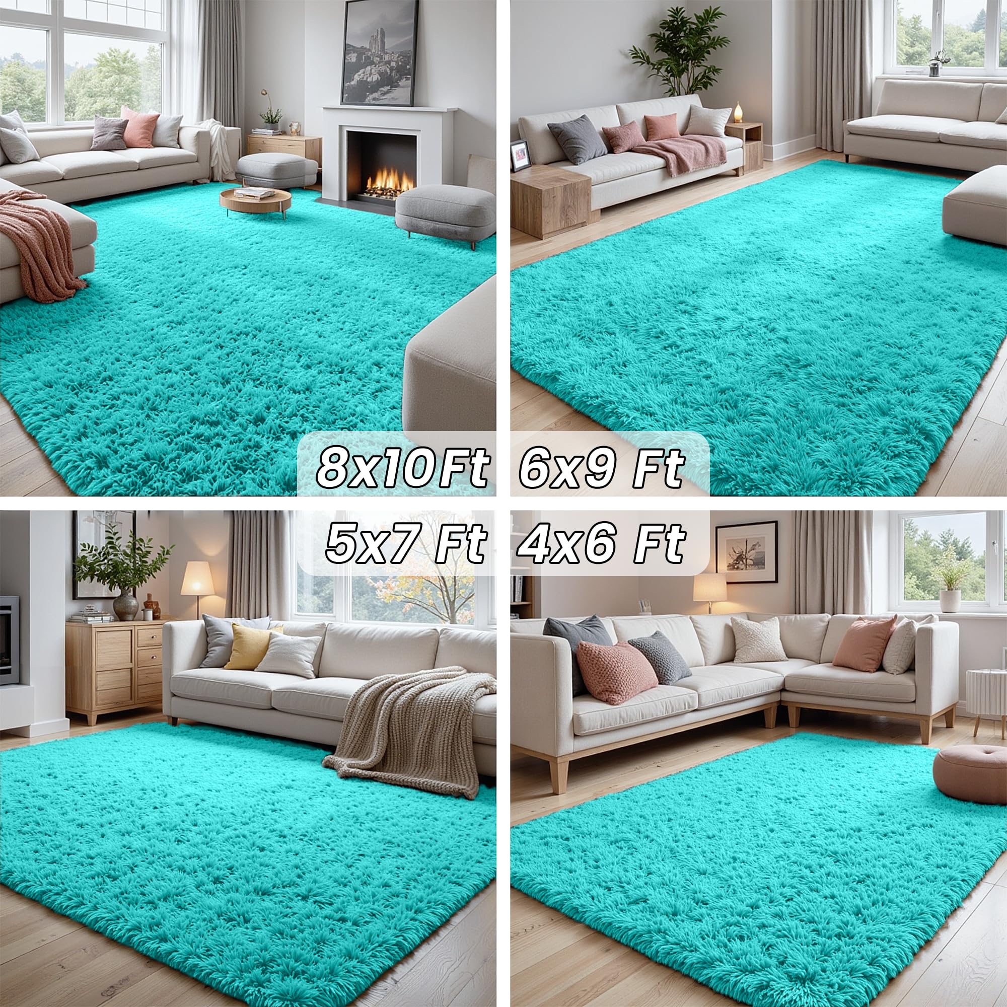 8x10 Fluffy Shag Area Rugs for Living Room Bedroom: Soft Carpet Teal Blue
