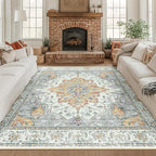 RELEANY Area Rugs Square 8ft Washable Non-Slip, Floral Vintage Distress Print Pattern Medallion Carpet for Living Room Bedroom Dining Room, Light Yellow Carbon Grey Orange