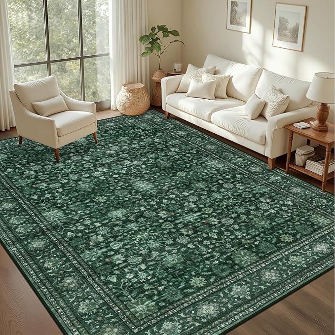 Area Rugs 10x14 Living Room Rug: Washable Rug Soft Vintage Distressed Floral Carpet Indoor Non-Slip Stain Resistant Large Carpets for Bedroom Dining Room Farmhouse Nursery Home Office Deep Green