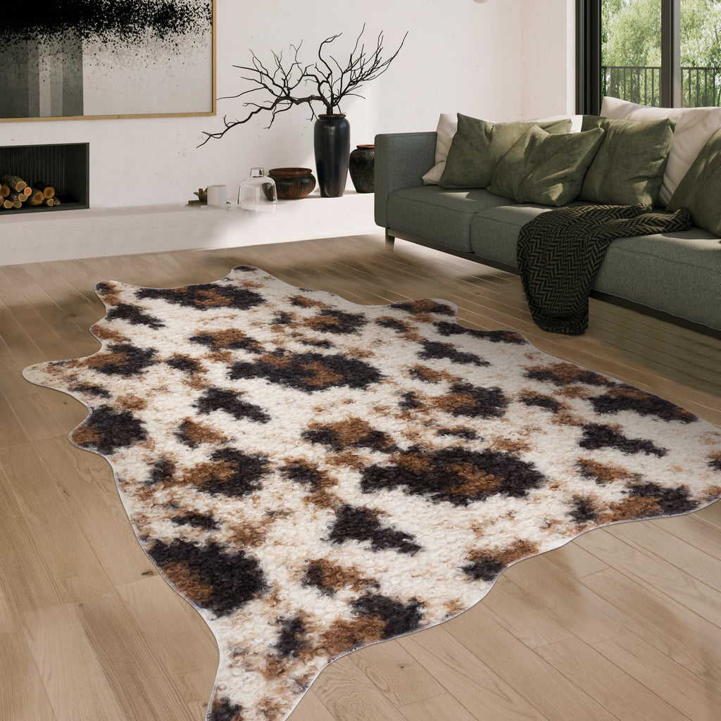 WARM HAVEN Faux Fur Cowhide Rug: Fluffy Cow Print 5.2x7 Feet Washable Cow Hide Rug for Living Room Bedroom Animal Print Skin Rustic Western Décor Black and Brown