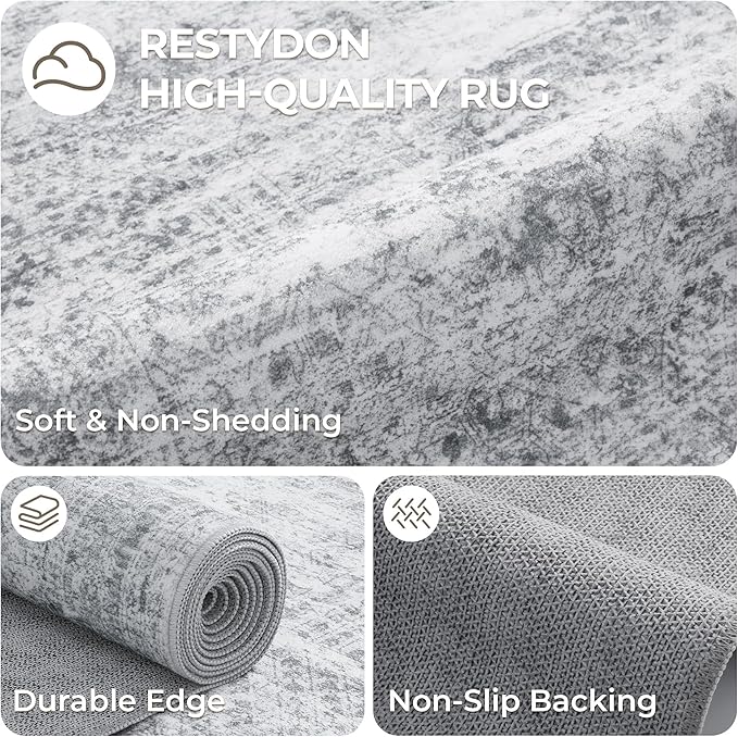 Restydon 5x7 Area Rugs for Living Room,Large Washable Rug,Grey