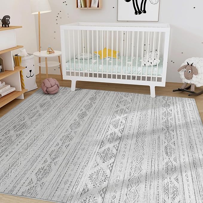 Nakagishi 6x9 Area Rugs Living Room: Washable Boho Large Neutral Soft Farmhouse Rug Stain Resistant Modern Indoor Floor Non-Slip Carpet for Bedroom Nursery Kids Office Dining Room Dorm- Dark Grey