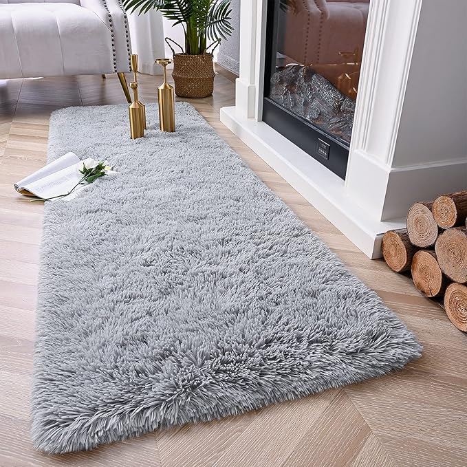 Chicrug Soft 2x10 Runner Rug for Bedroom Living Room Plush Fluffy Rug, Shag Furry Hallway Runner Carpet Rug Non Shedding for Nursery Children Kids Girls Room Home Decorative, Grey