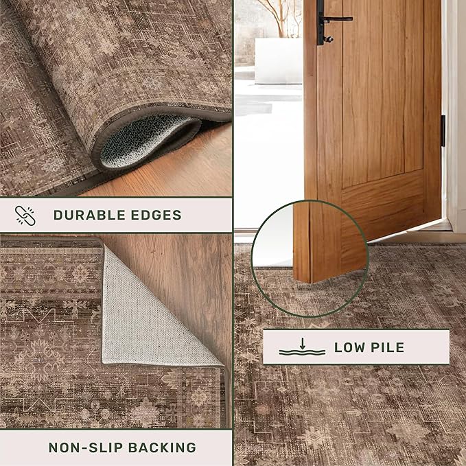 Hazo Haus Brown 9x12 Living Room Rug - Vintage Western Eclectic Unique Neutral Taupe, Washable Low Pile Non-Slip Large Area Rugs for Dining Under Table Bedroom Under Bed