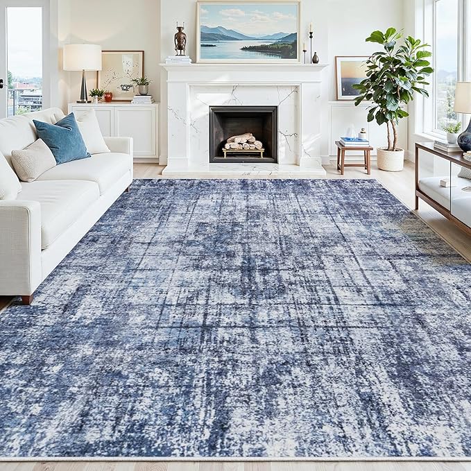 8x10 Washable Area Rug for Living Room Bedroom: Non-Slip Modern Navy Blue