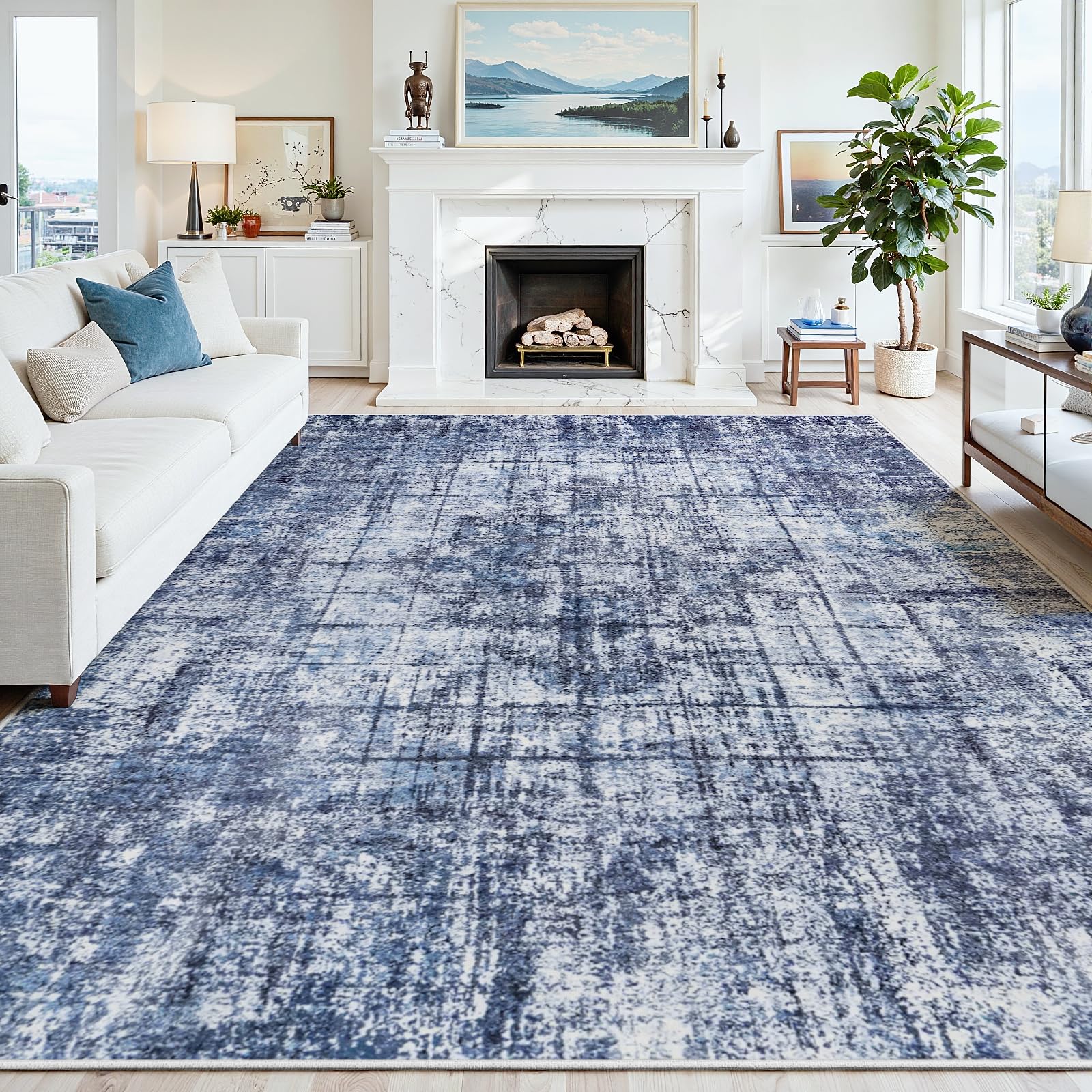 8x10 Washable Area Rug for Living Room Bedroom: Non-Slip Modern Navy Blue
