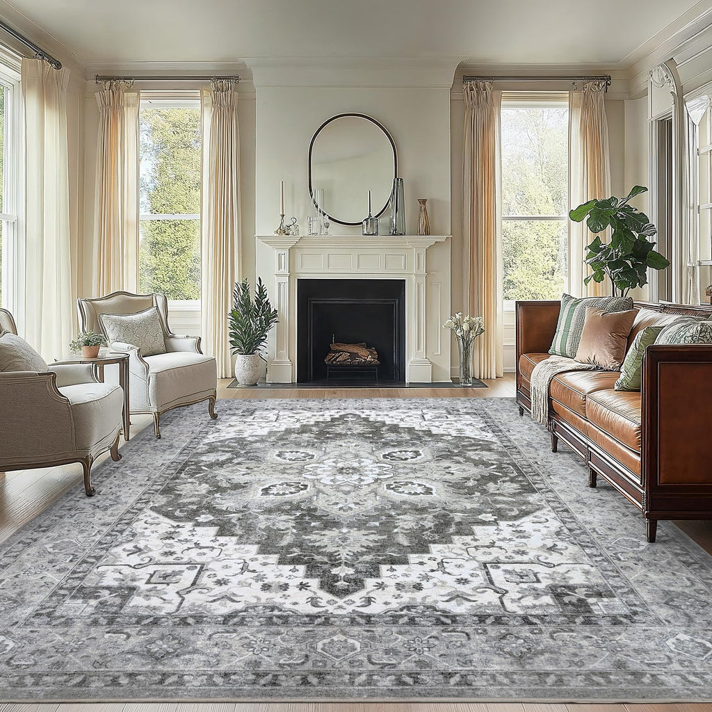 AMADA HOMEFURNISHING 8x10 Area Rugs, Low-Profile Large Washable Area Rug with Non-Slip Backing & Durable Edge Binding, Vintage Rugs for Living Room, Bedroom, Dinning Room