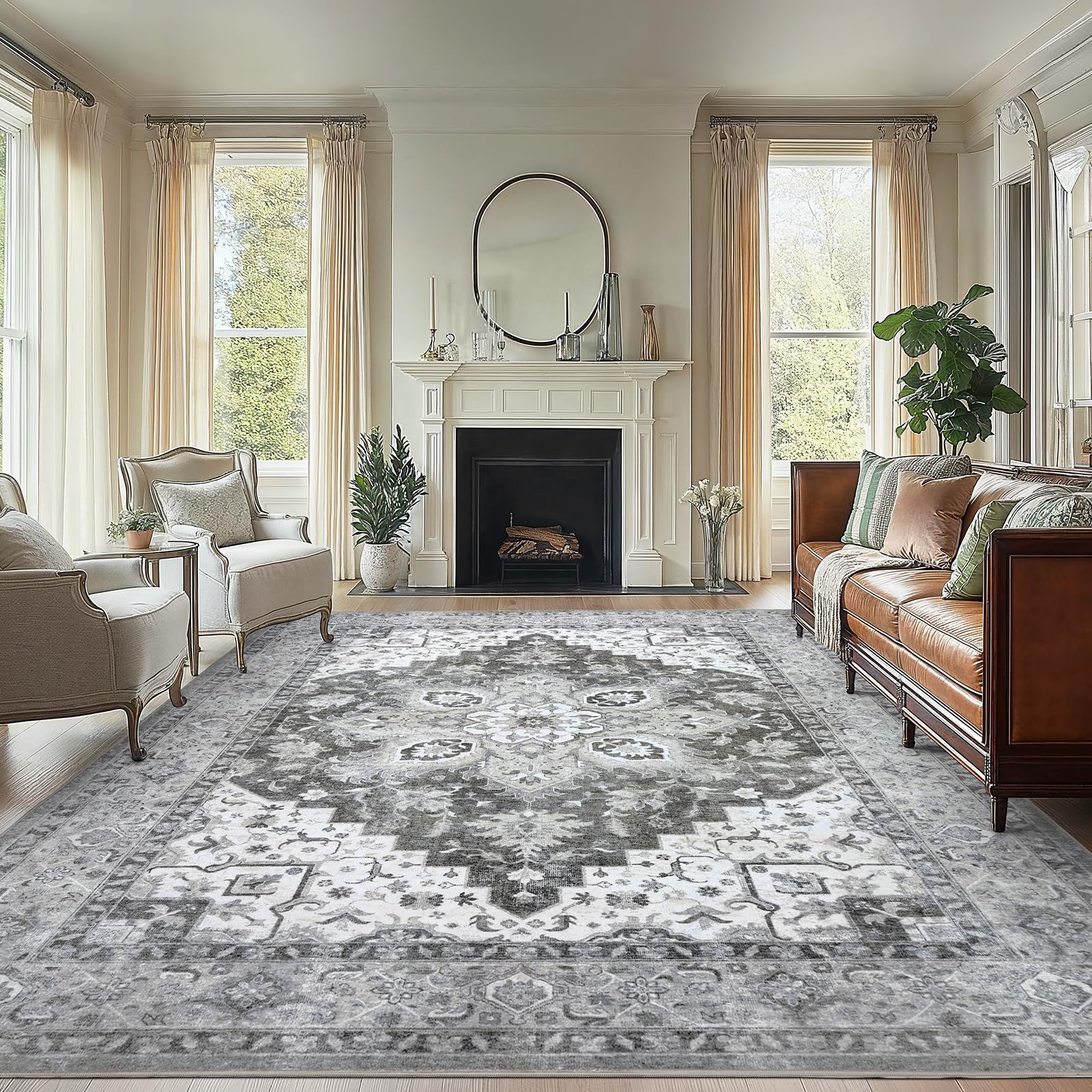 AMADA HOMEFURNISHING 8x10 Area Rugs, Low-Profile Large Washable Area Rug with Non-Slip Backing & Durable Edge Binding, Vintage Rugs for Living Room, Bedroom, Dinning Room