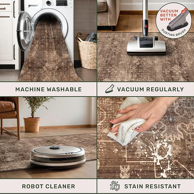 Hazo Haus Brown 9x12 Living Room Rug - Vintage Western Eclectic Unique Neutral Taupe, Washable Low Pile Non-Slip Large Area Rugs for Dining Under Table Bedroom Under Bed