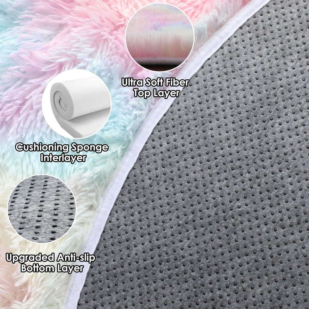 ONASAR Rainbow Round Area Rug 4ft, Soft Bedroom Circle Rugs Mats for Kids Girls Teen Room, Kawaii Fluffy Plush Shaggy Carpet for Baby Nursery Living Room Playroom Home Decor Princess Castle