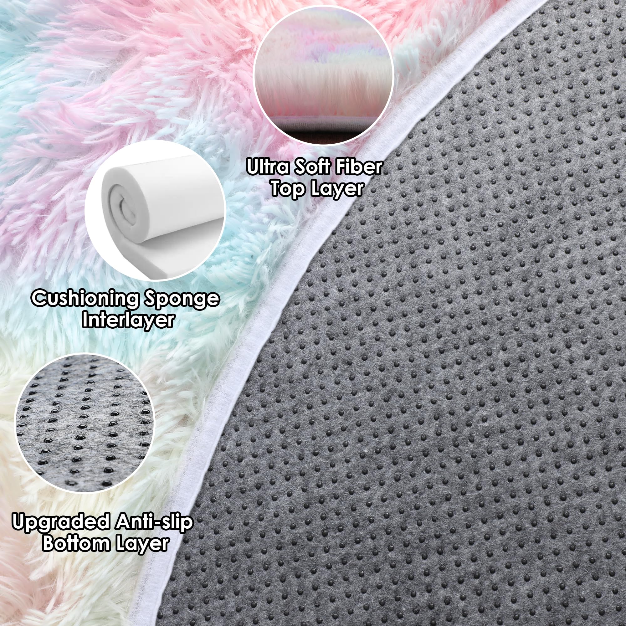 ONASAR Rainbow Round Area Rug 4ft, Soft Bedroom Circle Rugs Mats for Kids Girls Teen Room, Kawaii Fluffy Plush Shaggy Carpet for Baby Nursery Living Room Playroom Home Decor Princess Castle