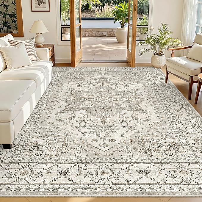 Madane 6x9 Area Rugs for Living Room, Stain Resistant Washable Rugs, Non-Slip Backing Area Rug, Vintage Home Decor Rug for Bedroom (Beige/Brown, 6'x9')