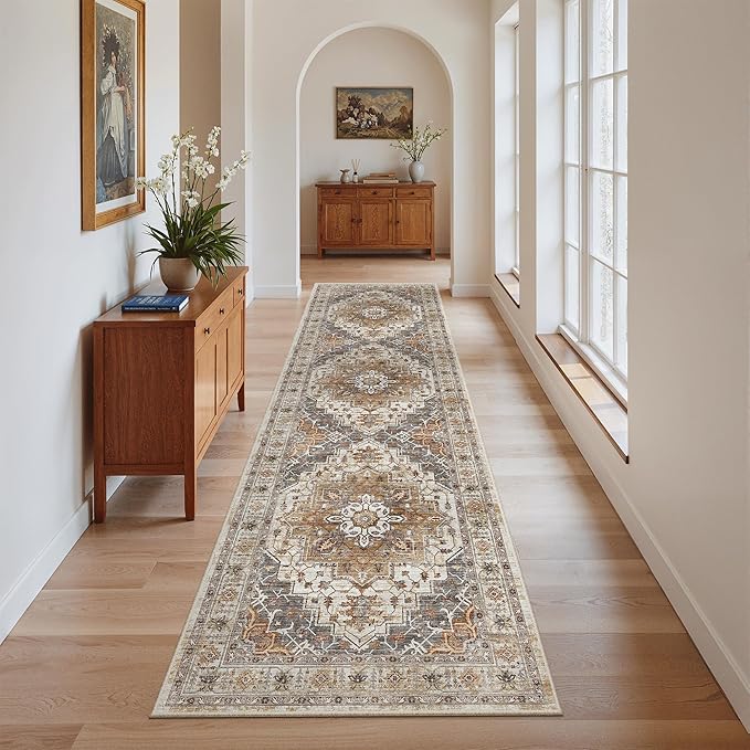 Madane Kitchen Runner Rug - 2x7 Runner Rugs with Rubber Backing Non Slip Vintage Washable Rug Runner Ultra-Thin Throw Carpet Runners for Hallways Bedroom Laundry Room (2'x7', Turmeric/Grey)