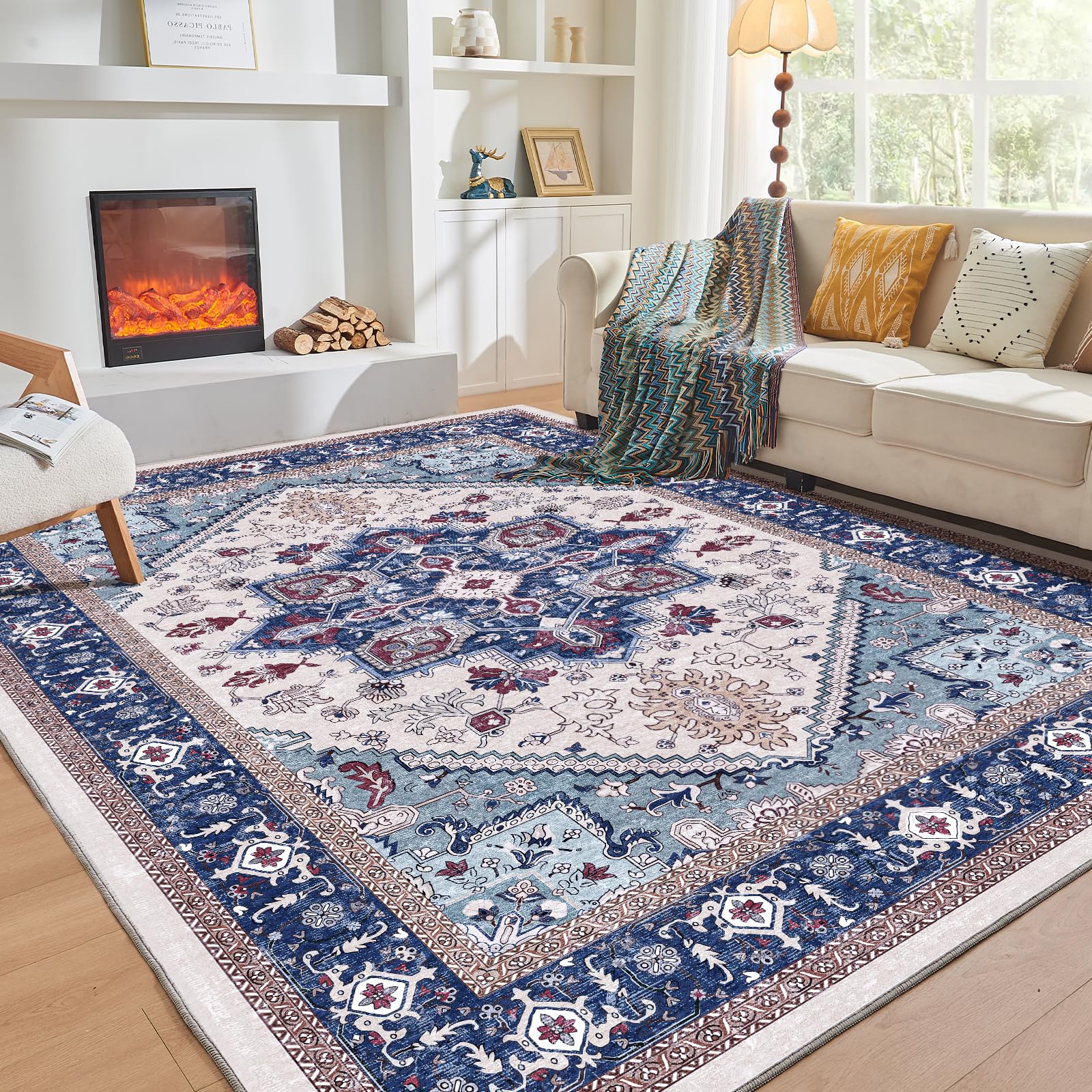 OPPODREAM Soft Area Rugs 6x9, Persian-Inspired Washable Rug, Blue & Red
