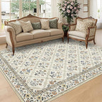 Large Entryway Rug 3x5 Floral Washable Area Rugs Vintage Soft Non-Slip Small Floor Carpet Doormat Stain Resistant Low-Pile Ultra-Thin Entry Mat for Bedside Kitchen Beige