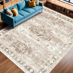 Washable Neutral Farmhouse Living Room Rug, 6x9 Area Rugs for Bedroom, Dining Room Under Table Carpet, Kids Room, Large Boho Vintage Non-Slip Floral Rugs Low Pile Stain Resistant (6x9 Beige/Latte)