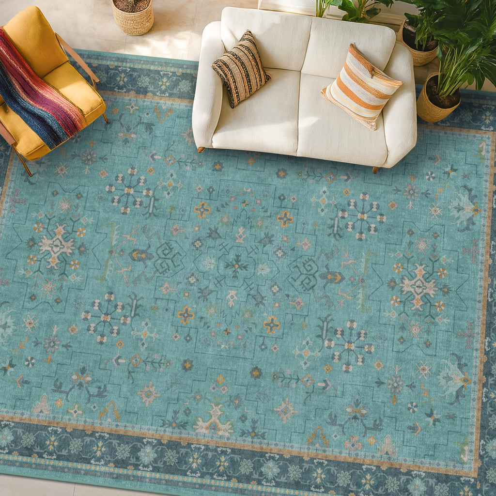 Boho Teal 7x9 Soft Rugs for Living Room, Washable Turquoise Rug for Bedroom Under Bed, Vintage Non Slip Floral Dining Room Carpet, Low Pile Soft Fade Resistant