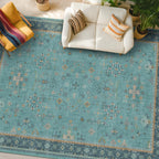 Boho Teal 7x9 Soft Rugs for Living Room, Washable Turquoise Rug for Bedroom Under Bed, Vintage Non Slip Floral Dining Room Carpet, Low Pile Soft Fade Resistant
