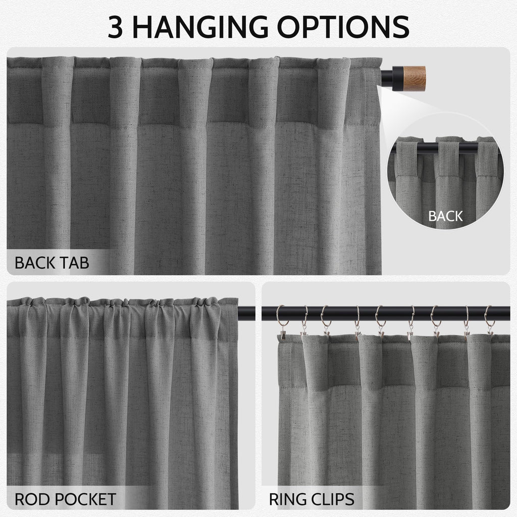Nanspring Blazer Grey Curtain Linen Blend Light Filtering Back Tab Curtains 108 Inches Long, Semi Sheer Privacy Drapes for Living Room & Bedroom, 52x108 inch, 2 Panels