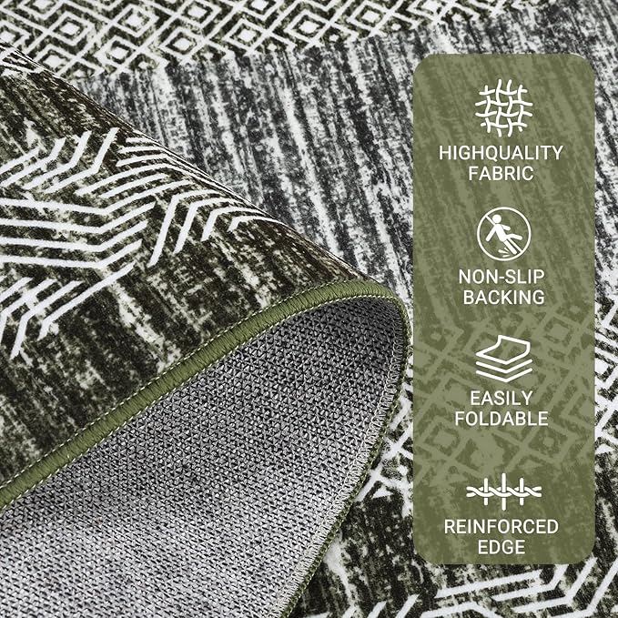 GarveeHome Modern Geometric Area Rug 2x3 Distressed Bordered Washable Non Slip Floor Small Carpet Non Shedding Thin Soft Low Pile Rug, Contemporary Green Rug for Dining Room, Living Room