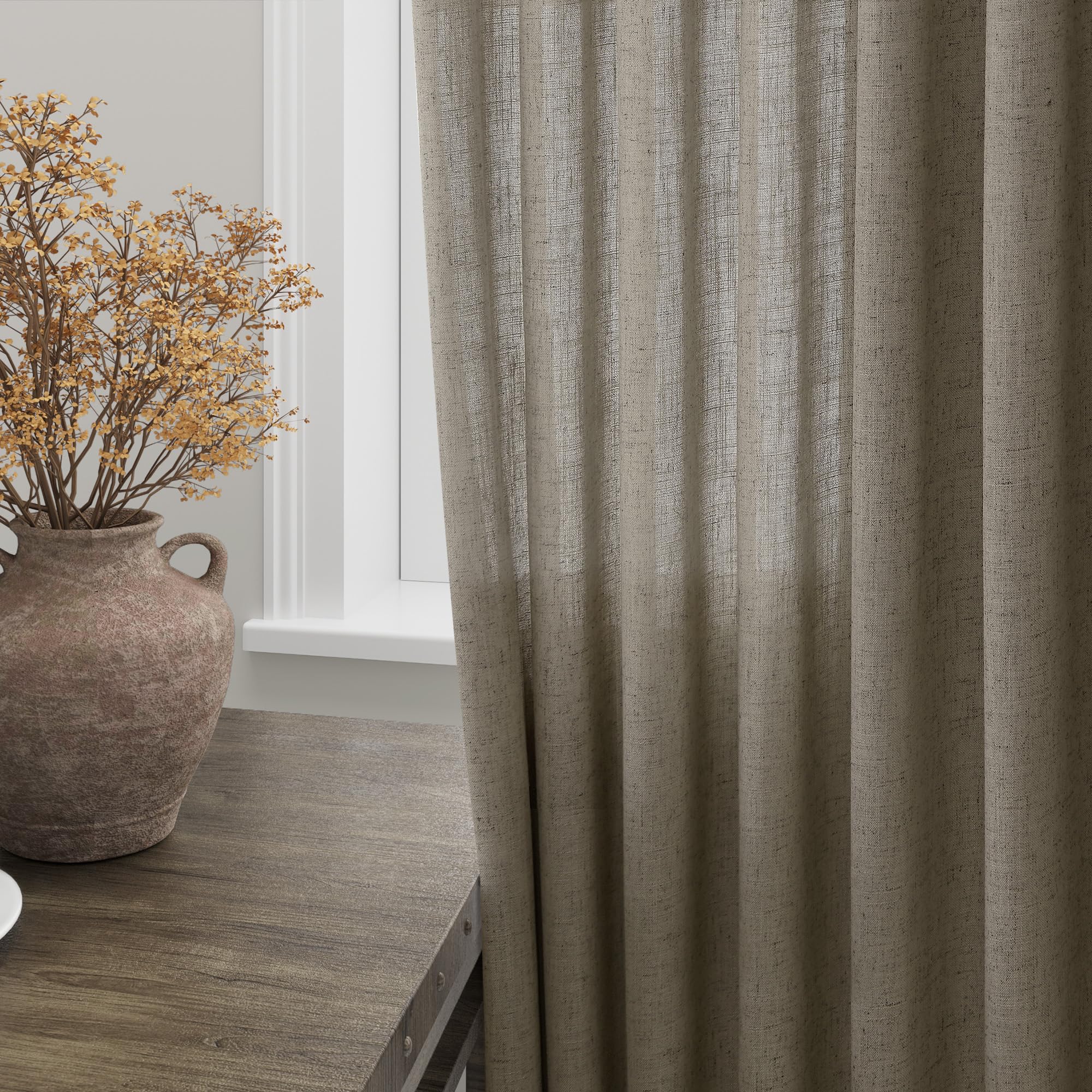 Mocha Linen Curtains 84 Inches Long for Bedroom Back Tab Light Filtering Privacy Semi Sheer Curtains Modern Farmhouse Decor Mocha Cotton Textured Curtain for Living Room 2 Panels Set 52x84 Inch