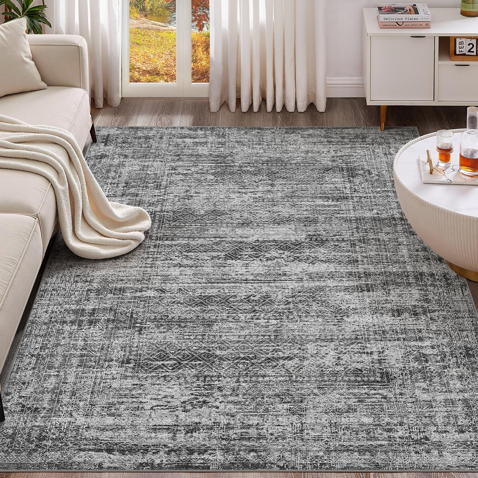 UERMEI 5x7 Area Rug Living Room Rugs - Washable Neutral Modern Abstract Soft Thin Rug Indoor Floor No Slip Rug Carpet for Bedroom Under Dining Table Home Office Decor - Dark Gray