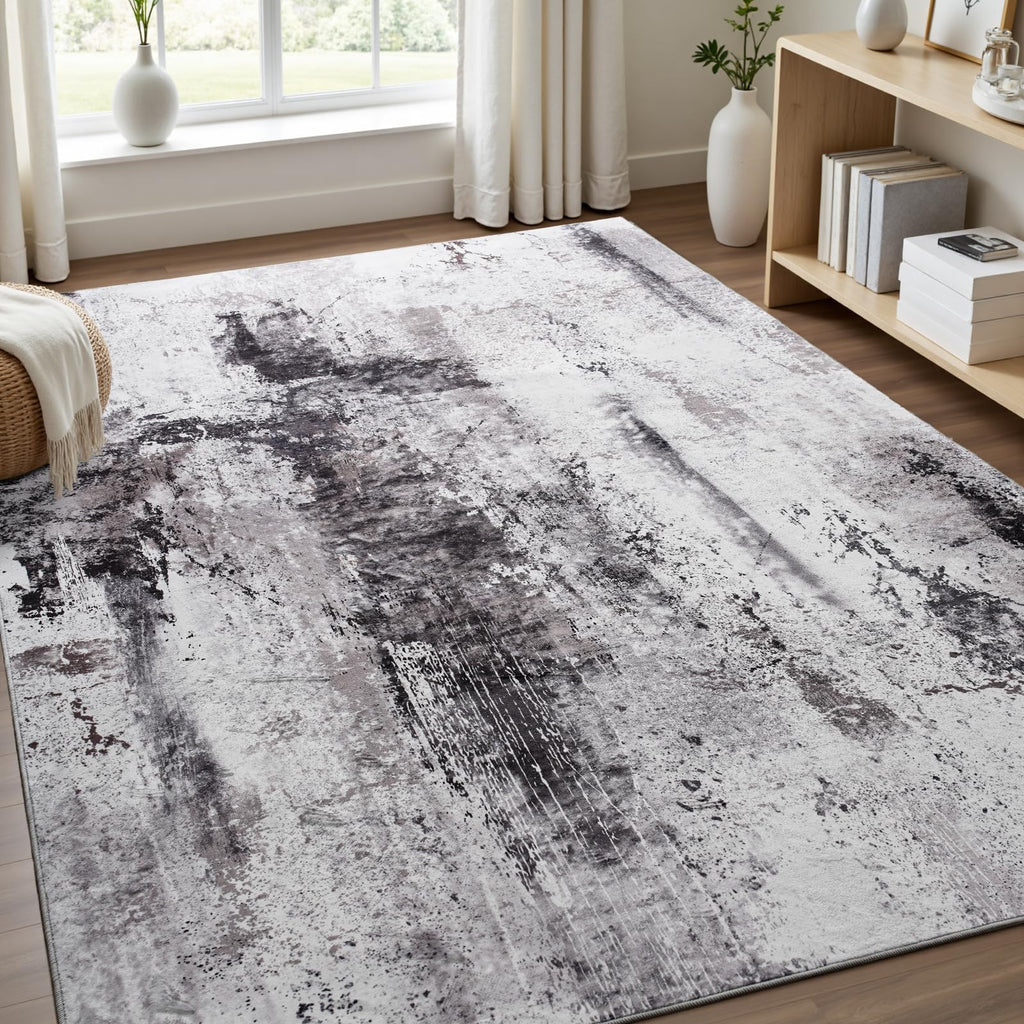 Toneed Abstract Area Rug Modern Washable Rug Soft Non Slip Rug Low Pile for Bedroom Living Room Dining Room Coffee Brown 5x7 Feet