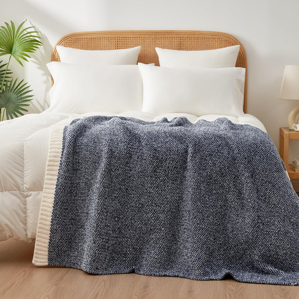 Snuggle Sac Heather Navy Throw Blanket for Couch, Super Soft Warm Microfiber Blankets Navy Blue, Cozy Knit Fuzzy Plush Lightweight Throws for Sofa, Bed, Heather Navy,50x60 inches