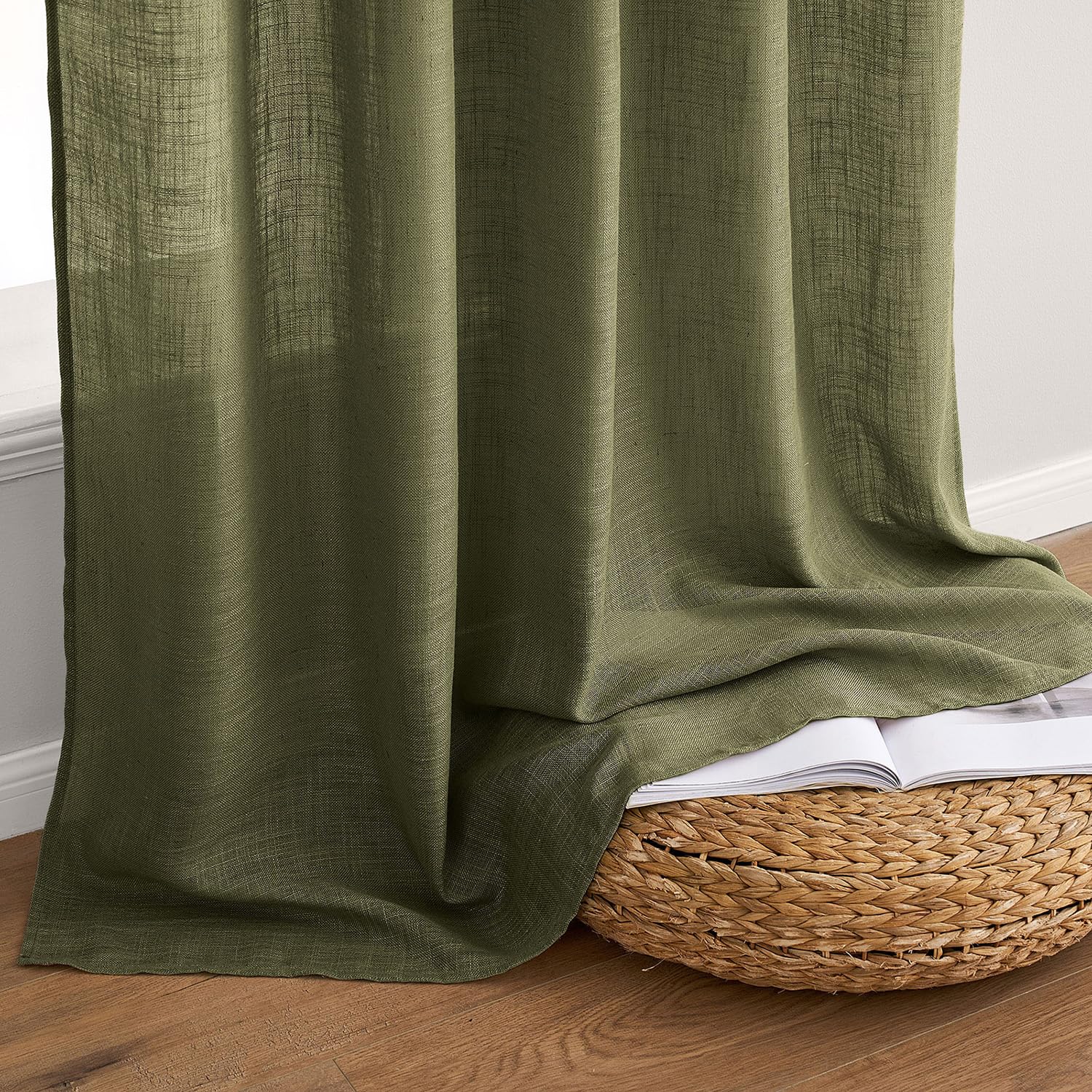 MIULEE Light Olive Green Linen Curtains 52x108 Inch 2 Panels for Bedroom
