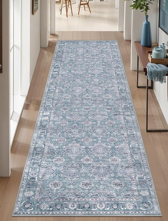 SERISSA Boho Washable Runner Rug, 2'6"x8' Non-Slip Vintage Floral Hallway Kitchen Runner Rug Ultra Soft Print Distressed Blue Grey Floor Carpet for Bedroom Bathroom Laundry Room