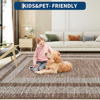 GarveeHome Washable Rug 5x7 Modern Bordered Rug with Non Slip Rubber Backing, Low Pile Thin Carpet, Soft Non Shedding Floor Covering, Foldable Printed Carpet for Living Room Bedroom, Brown