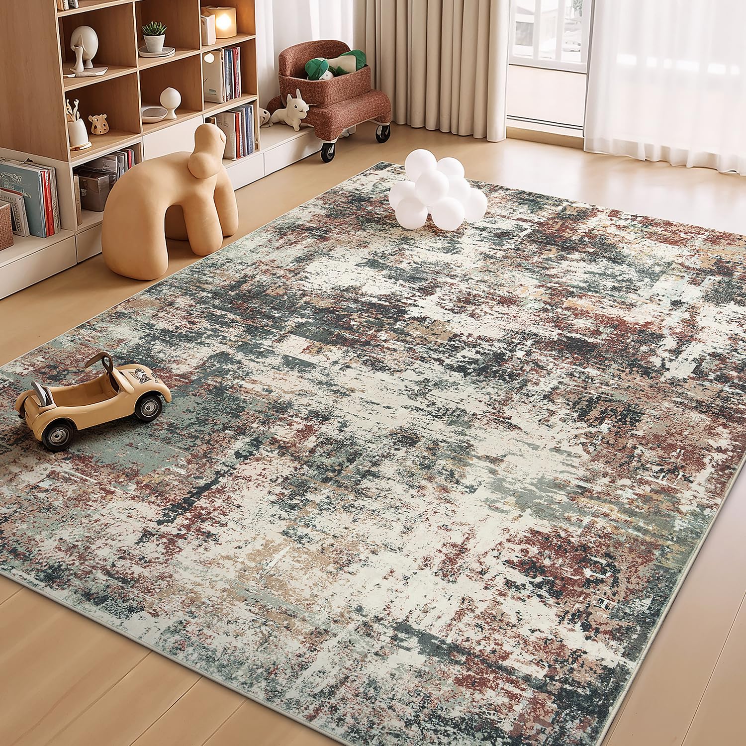 Rugflix 8x10 Area Rugs for Living Room, Washable Rust Brown Green Large Rug