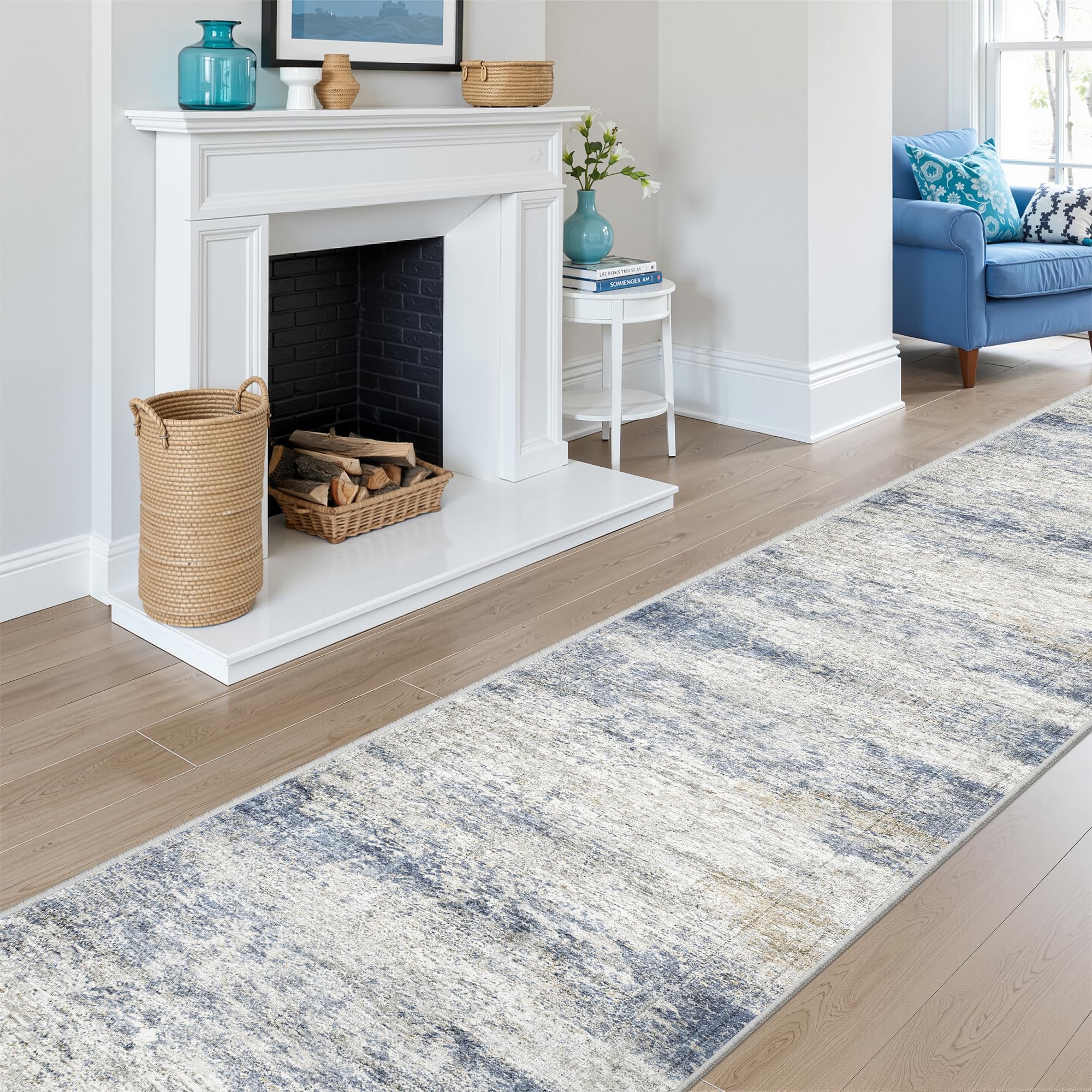 Restydon 2x12 Runner Rug Non Slip,Washable Hallway Runner Rug,Blue